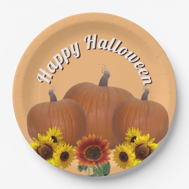 Three Orange Pumpkins with Sunflowers Halloween  Paper Plate (Front)