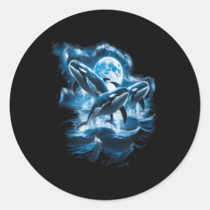 Three Orcas Moon Retro Ocean Nature Marine Animal  Classic Round Sticker