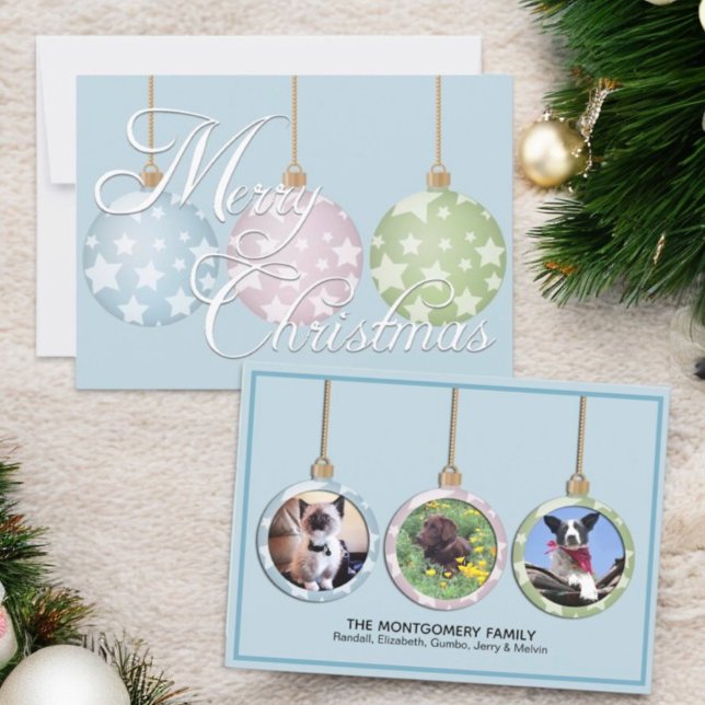 Three Ornament Pet Photo Christmas Holiday (front and back custom photo non-traditional colors Christmas flat card)