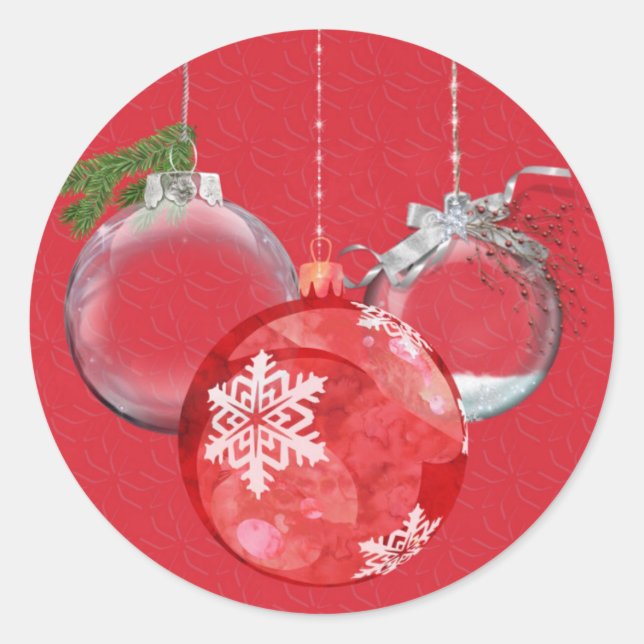 Three Ornaments on a Red Background Small  Classic Round Sticker (Front)