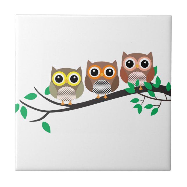 Three Owls on a Tree Branch cute drawing Tile (Front)