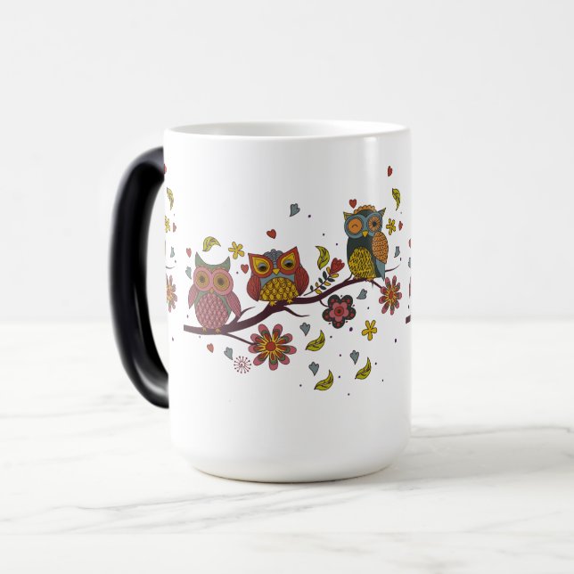 Three owls on branch magic mug (Front Left)