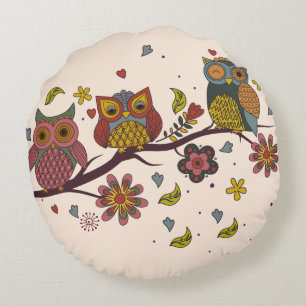 Three owls on branch round cushion