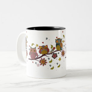 Three owls on branch Two-Tone coffee mug