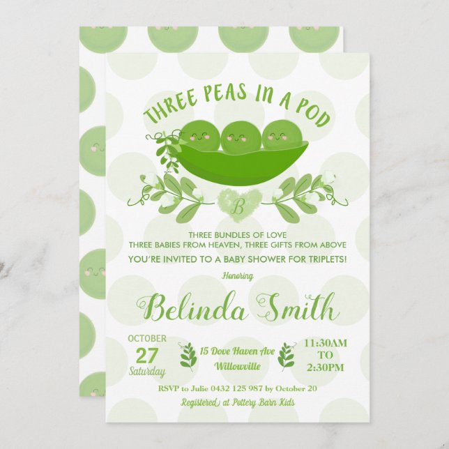 Three Peas in a Pod Triplets Baby Shower Neutral Invitation (Front/Back)