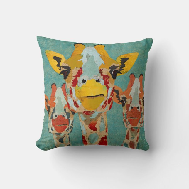 Three Peeking Giraffes Blue Pillow (Front)