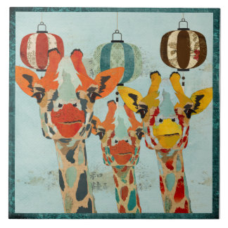Three Peeking Giraffes Tile