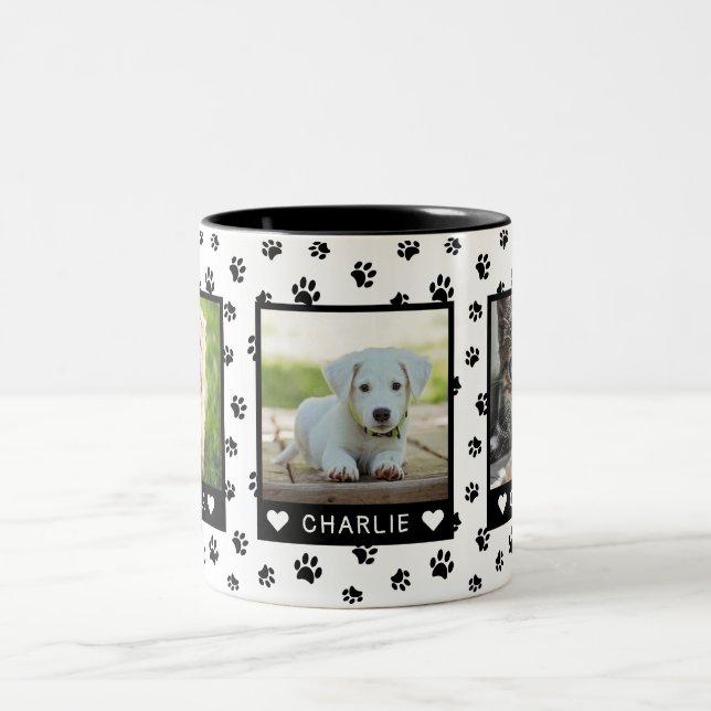 Three Pet Photos Names Black Paw Prints Custom Two-Tone Coffee Mug (Center)