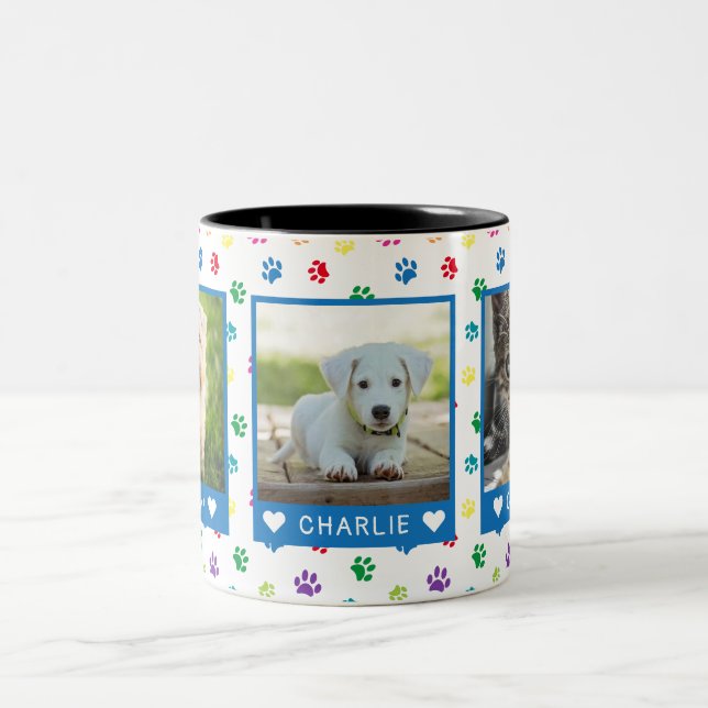 Three Pet Photos Names Blue Colourful Paw Prints Two-Tone Coffee Mug (Center)