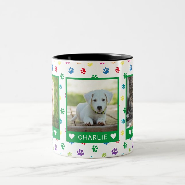 Three Pet Photos Names Green Colourful Paw Prints Two-Tone Coffee Mug (Center)