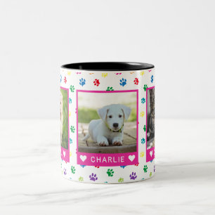 Three Pet Photos Names Pink Colourful Paw Prints Two-Tone Coffee Mug