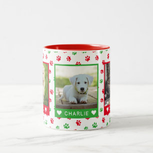 Three Pet Photos Names Red Green Paw Prints Two-Tone Coffee Mug