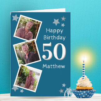 Three Photo Blue Stars Birthday Card