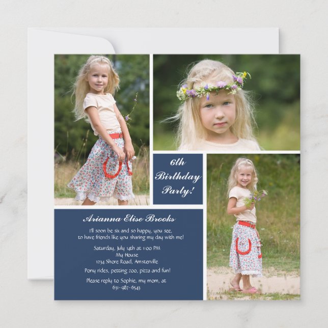 Three Photo Blue & White Invitation (Front)