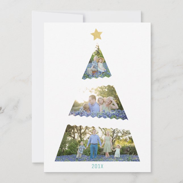 Three Photo Christmas Tree Modern Holiday Card (Front)