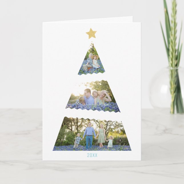 Three Photo Christmas Tree Modern Holiday Greeting Card (Front)