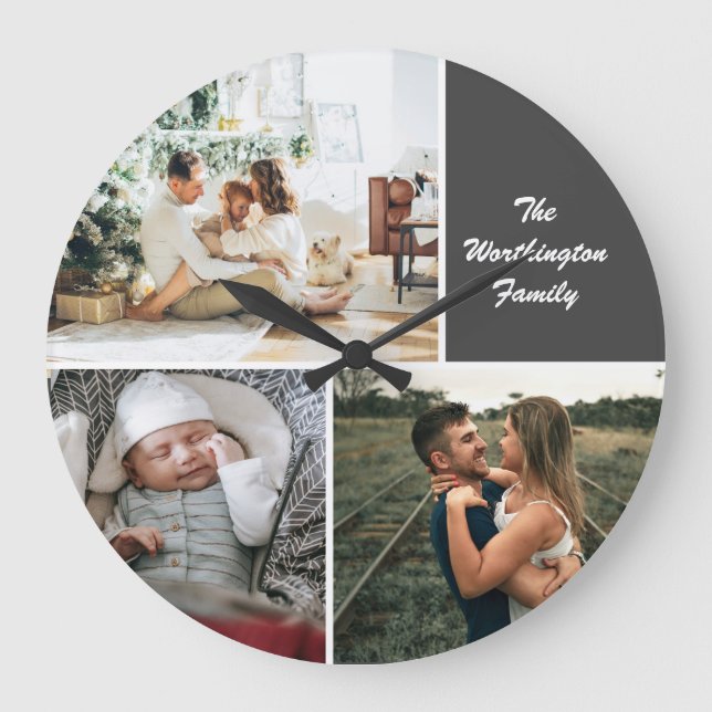 Three Photo Collage Custom Large Clock (Front)