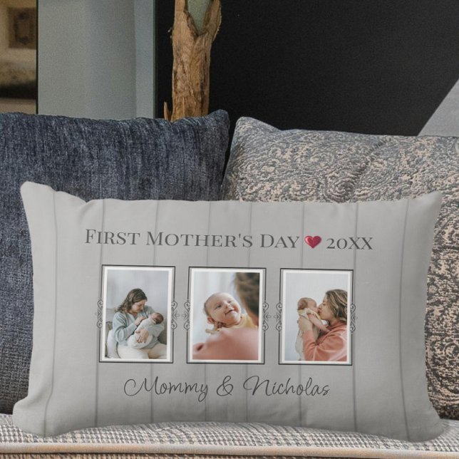 Three Photo Collage First Mothers Day Lumbar Cushion (Three Photo Collage First Mothers Day Lumbar Pillow)