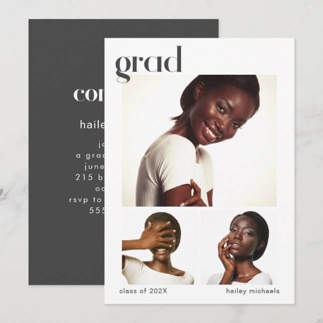 Three Photo Collage Graduation Party Gray Invitation (Front/Back)