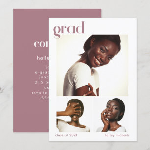 Three Photo Collage Graduation Party Pink Invitation