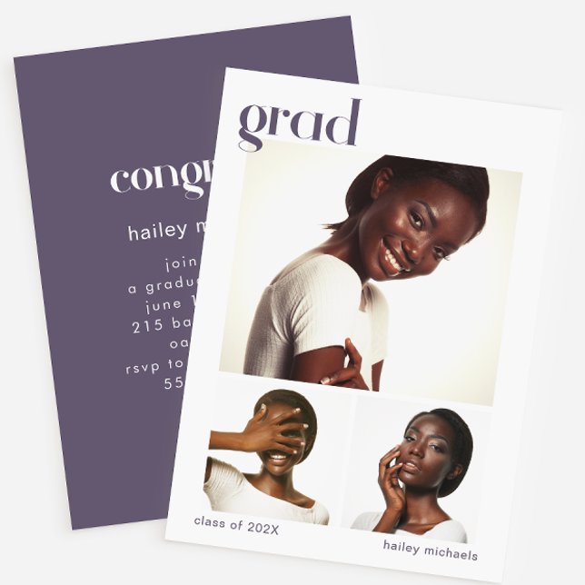 Three Photo Collage Graduation Party Purple Invitation (Creator Uploaded)
