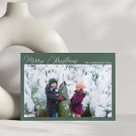 Three Photo Collage Green Script Merry Christmas Holiday Card<br><div class="desc">This simple and modern double-sided Merry Christmas holiday card in dark sage green features a template for three photos plus fully editable text so you can choose your favourite greeting.</div>
