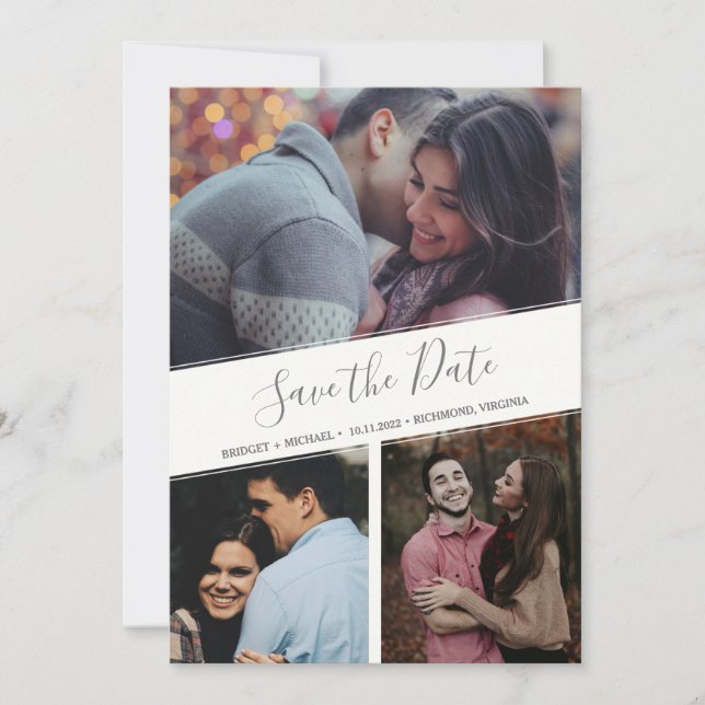 Three Photo Collage Modern Floral Save the Date Announcement (Front)
