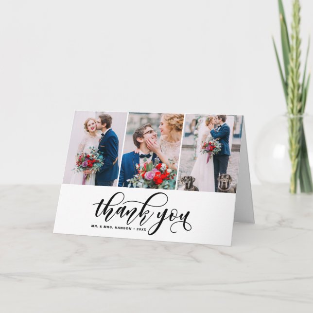 Three Photo Collage Thank You Script Wedding Card (Front)