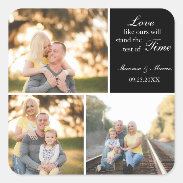 Three Photo Collage Wedding Custom Square Sticker (Front)