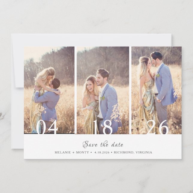 Three Photo Collage Wedding Save the Date Announcement (Front)