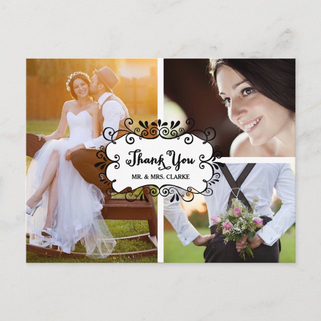 Three Photo Collage Wedding Thank You Postcard (Front)