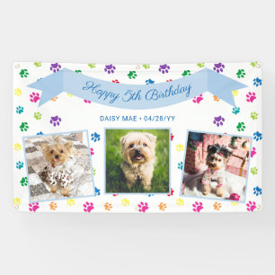Three Photo Colourful Paw Prints Blue Pet Birthday Banner