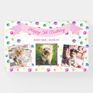 Three Photo Colourful Paw Prints Pink Pet Birthday Banner