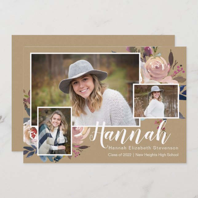 Three Photo Floral Rustic Graduation Party Invitation (Front/Back)