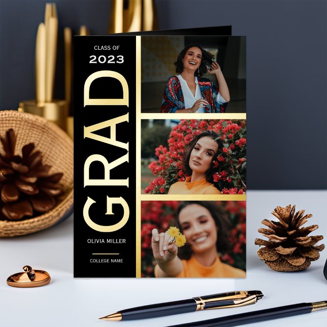 Three Photo Gold Foil Graduation  Foil Greeting Card (Creator Uploaded)