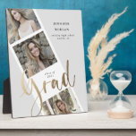 three photo gold graduation photo announcement plaque<br><div class="desc">photo collage graduation products with whimsical gold script and your information in elegant serif font. Choose your own background colour and check our store for more products from this collection.</div>