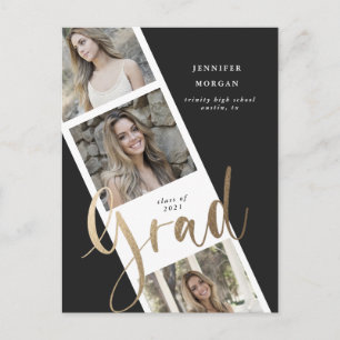 three photo gold graduation photo announcement postcard