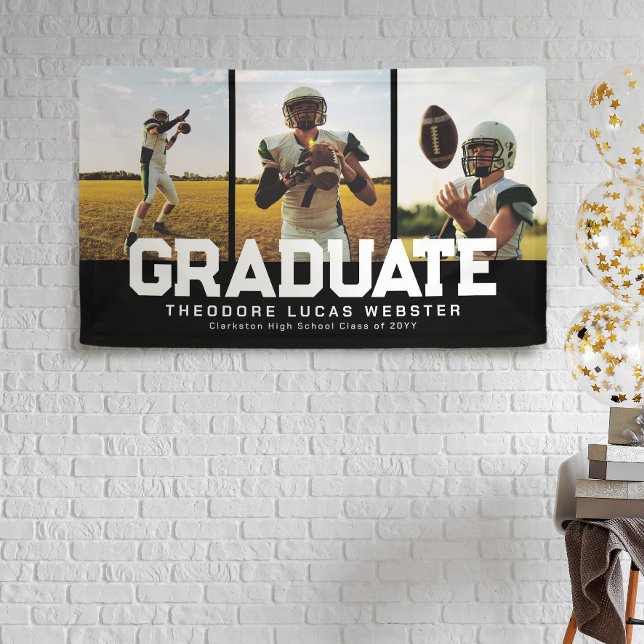Three photo graduate bold sporty black graduation banner (Creator Uploaded)