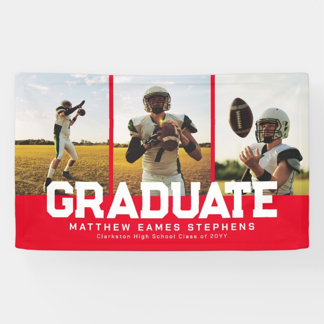 Three photo graduate bold sporty red graduation banner (Horizontal)