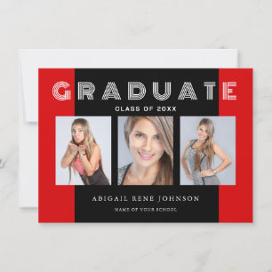 Three Photo Graduation Collage Red and Black Announcement