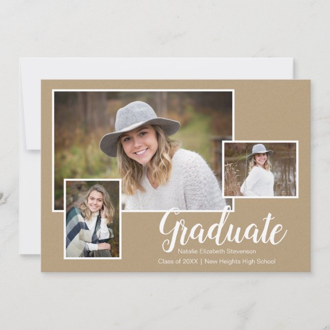 Three Photo Kraft Typography Graduation Party Invitation (Front)