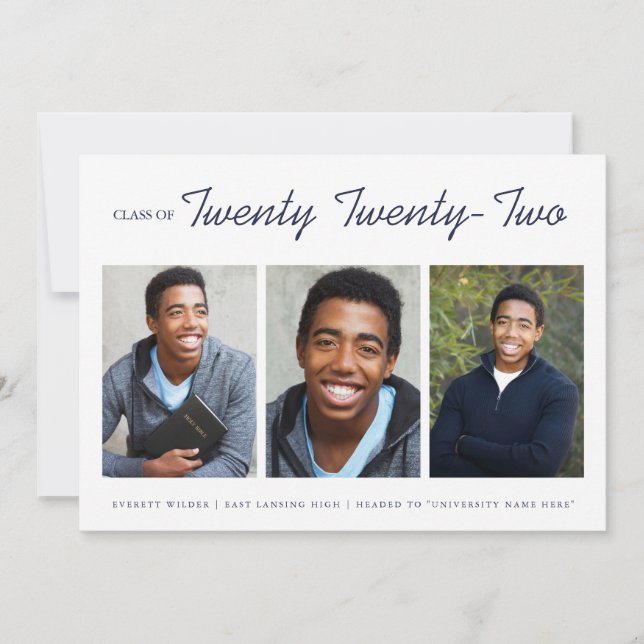 Three Photo Modern Graduation Announcement | Navy (Front)