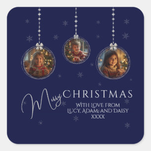 Three Photo Navy And Silver Christmas Square Sticker
