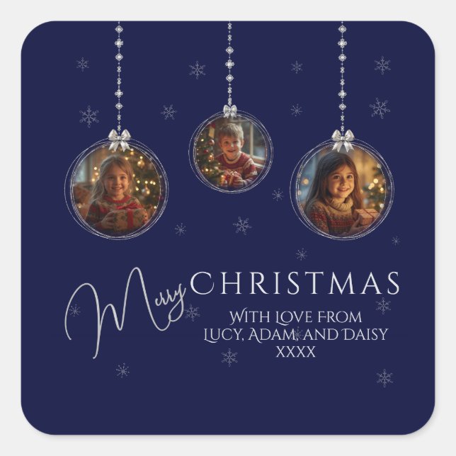 Three Photo Navy And Silver Christmas Square Sticker (Front)