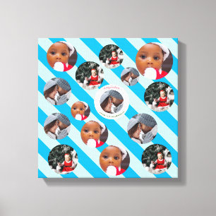 Three Photo Personalised Blue Stripe Fab Christmas Canvas Print