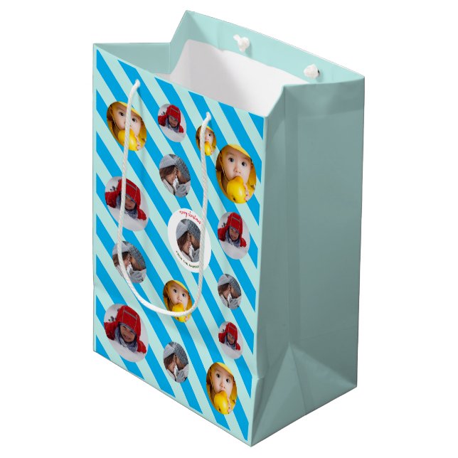Three Photo Personalised Blue Stripe Fab Christmas Medium Gift Bag (Front Angled)