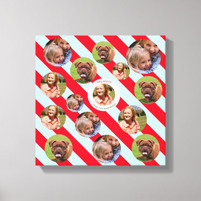 Three Photo Personalised Red Stripe Fab Christmas Canvas Print (Front)