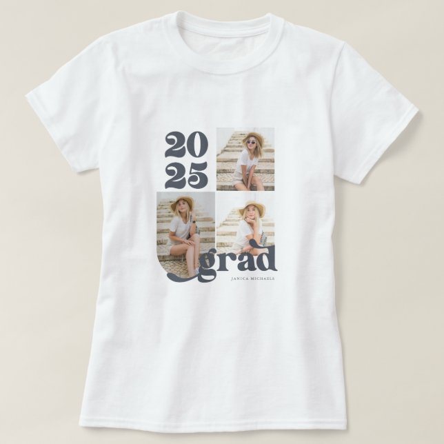 Three Photo Retro 2025 Graduate Blue T-Shirt (Design Front)
