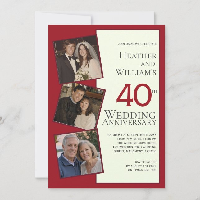 Three Photo Ruby 40th Wedding Anniversary Party  Invitation (Front)