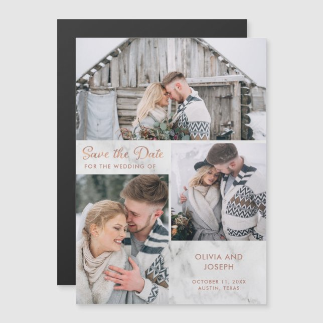 Three Photo Save the Date | Marble and Rose Gold Magnetic Invitation (Front/Back)